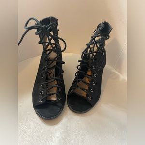 American Rag Women's Savanah Side Zip Lace Up Ankle Open Toe Booties Black